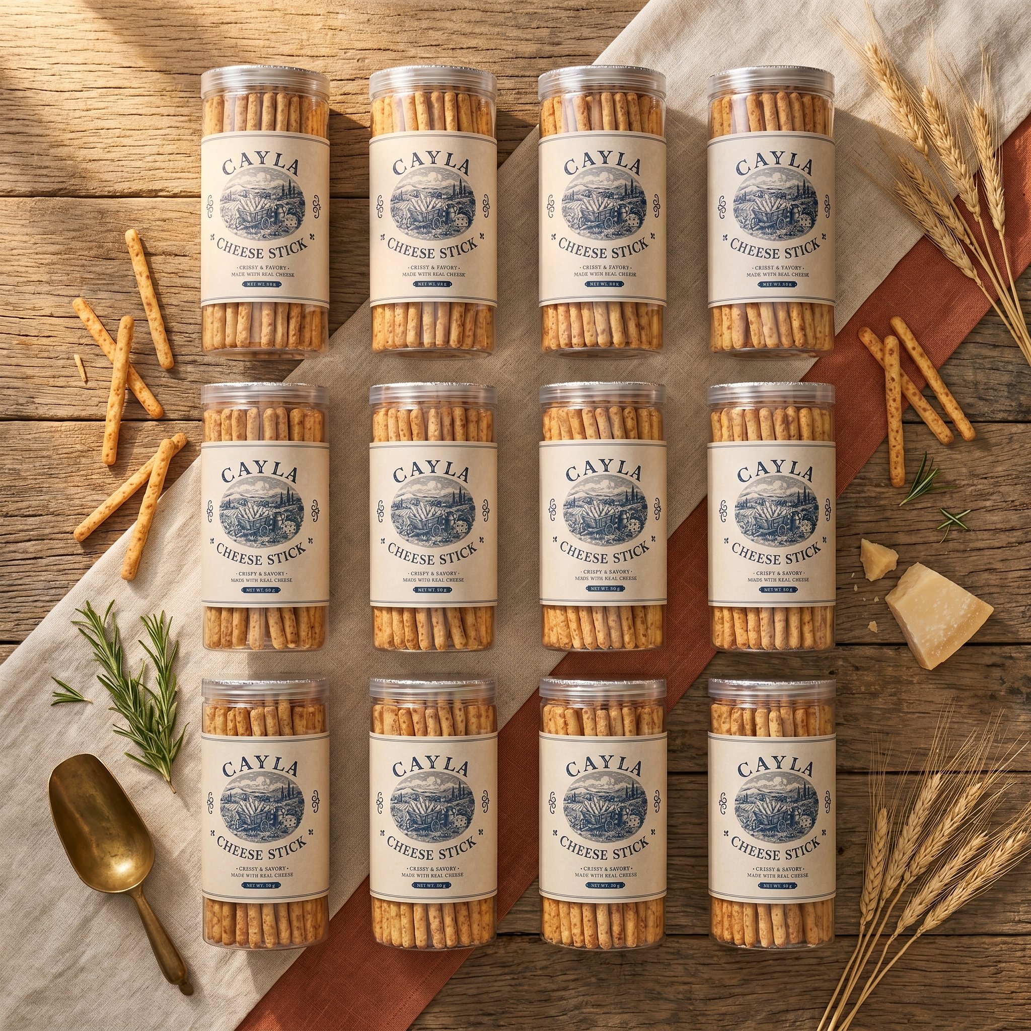 Twelve jars of Cayla Cheese Stick