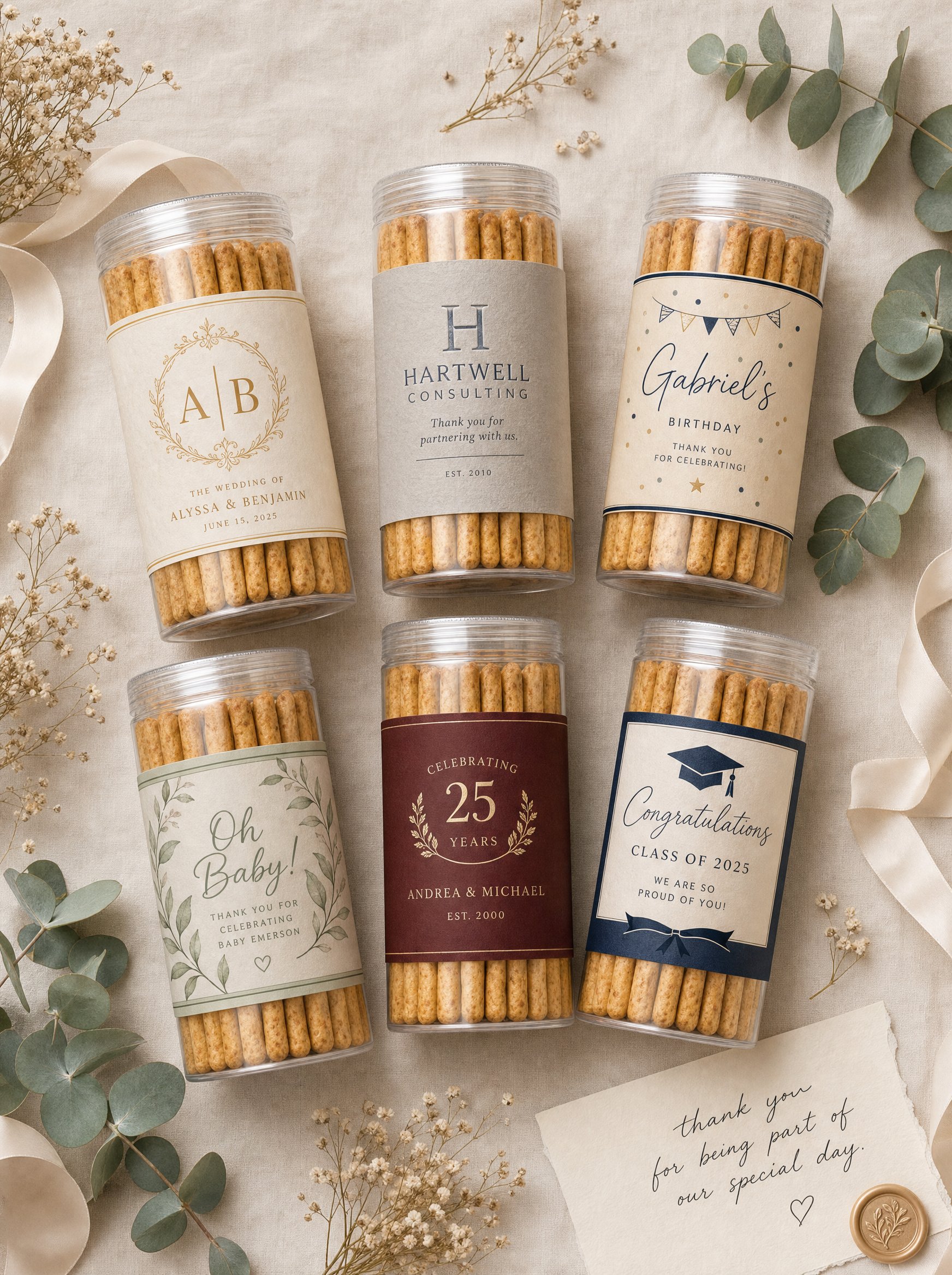 Cayla jars with custom event labels for weddings, corporate, birthdays