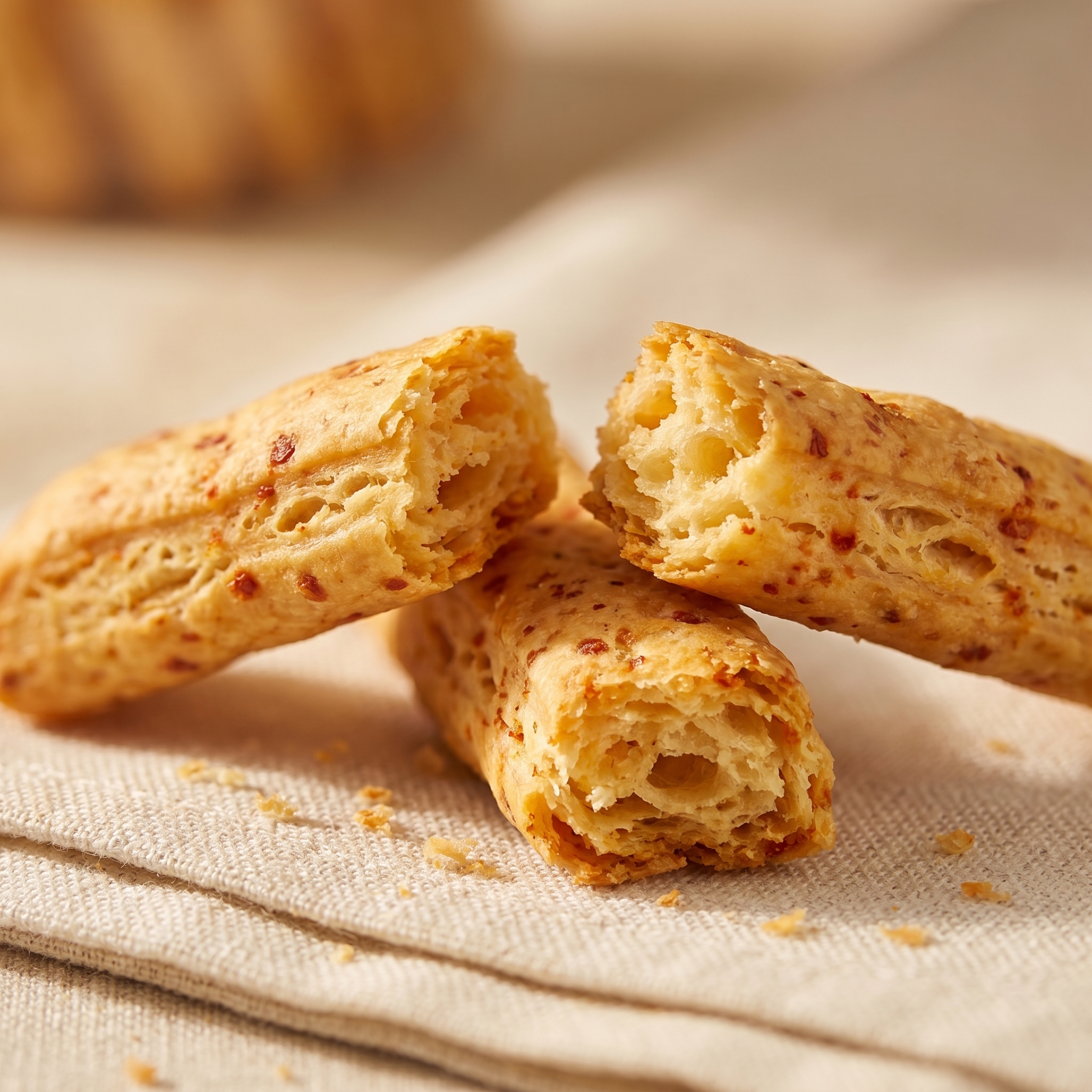Close-up of broken Cayla cheese breadsticks showing crispy texture