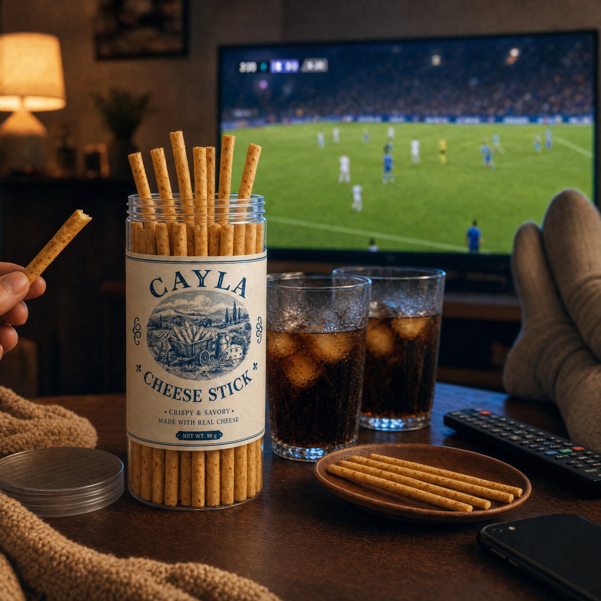 Cayla cheese stick with cold drinks while watching football match