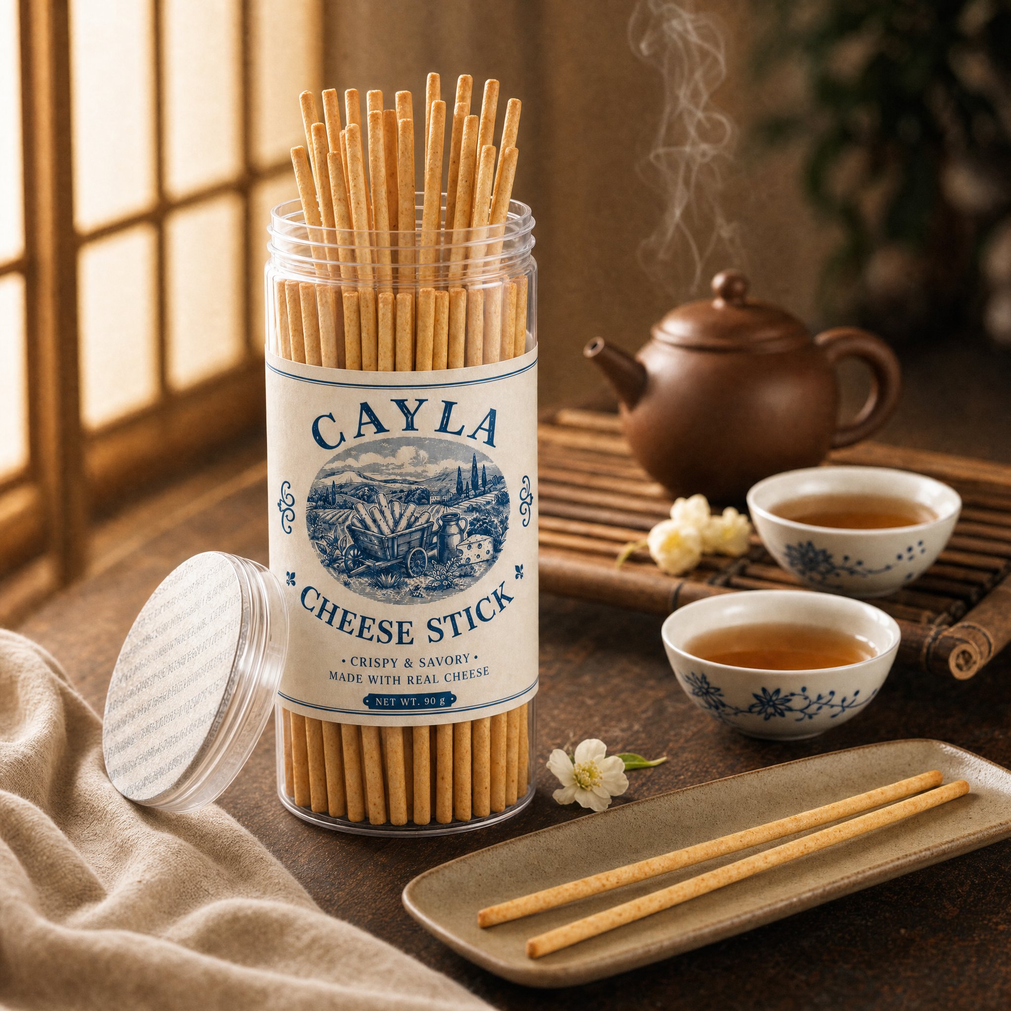 Cayla cheese stick with Chinese tea pot and jasmine tea cups